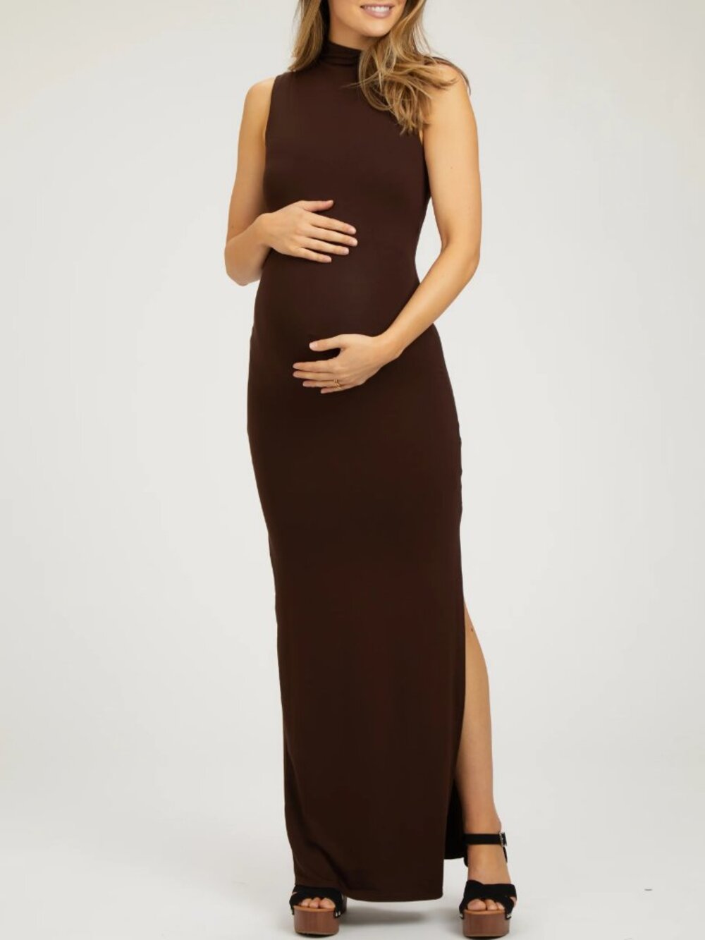 Brown Asymmetrical Neck Side Slit Maternity Maxi Dress
